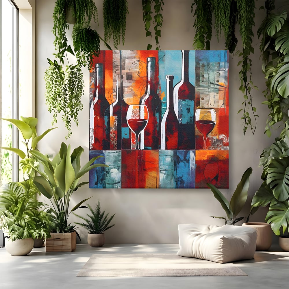 Tablou canvas cu pictura abstracta cu sticle si pahare de vin, fara rama, pe sasiu de lemn